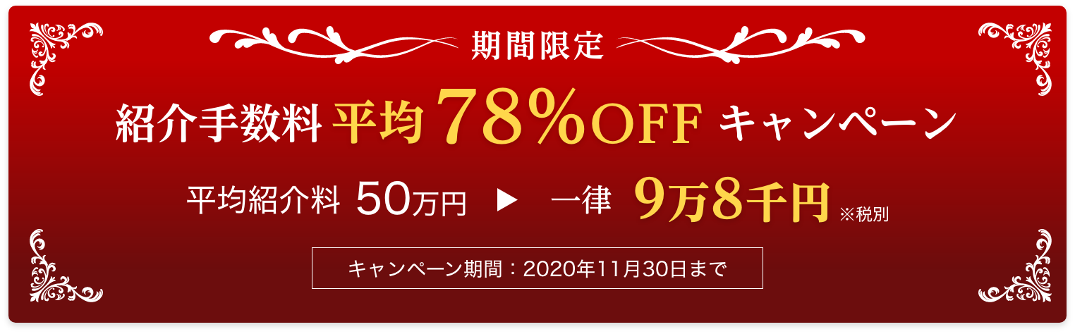 紹介手数料平均78%OFFキャンペーン 平均紹介手数料50万円→一律9万8千円 2020年11月30日まで